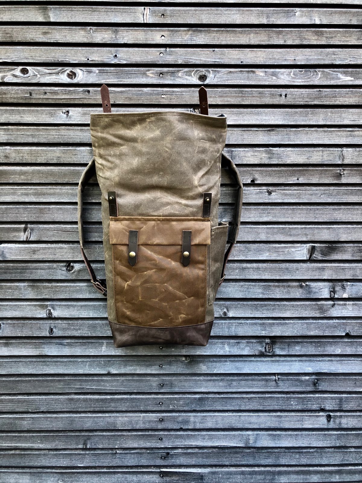 Image of Waxed canvas knapsack medium size / Hipster Backpack with roll up top and leather bottom