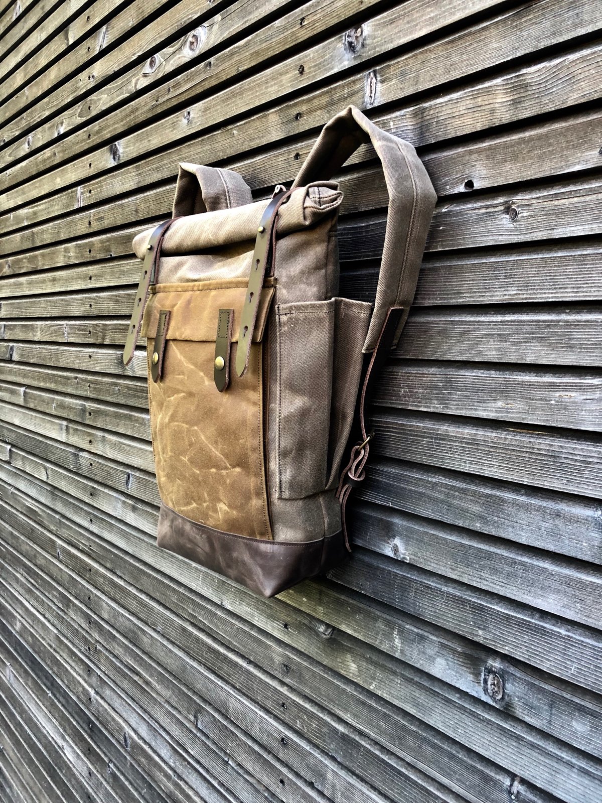 Image of Waxed canvas knapsack medium size / Hipster Backpack with roll up top and leather bottom