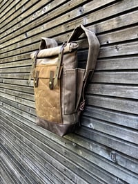 Image 5 of Waxed canvas knapsack medium size / Hipster Backpack with roll up top and leather bottom