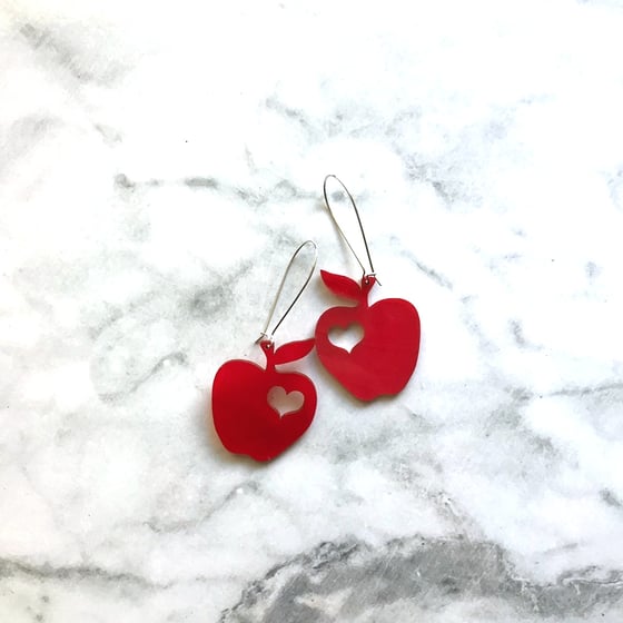 Image of I heart apples earrings "made from real vinyl records"