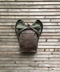 Image 2 of Medium size knapsack backpack in waxed canvas with leather front pocket