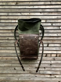 Image 5 of Medium size knapsack backpack in waxed canvas with leather front pocket