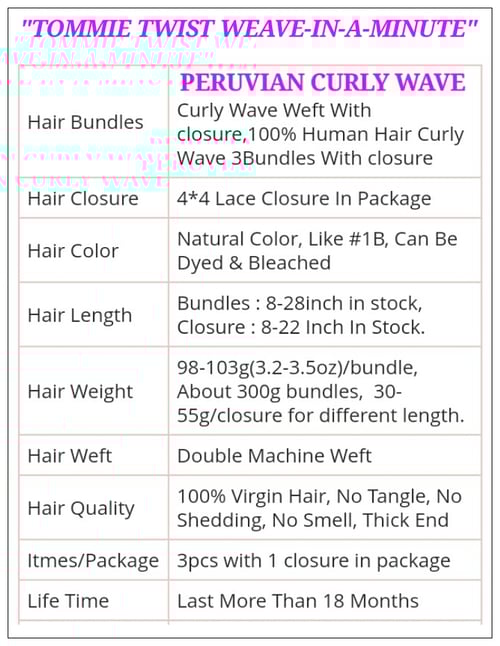 Image of PERUVIAN CURLY WAVE: 4 BUNDLES / FREE PART - CLOSURE