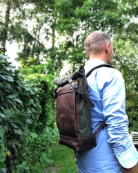 Image 1 of Medium size knapsack backpack in waxed canvas with leather front pocket