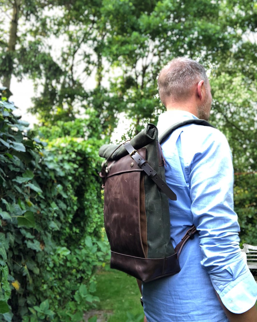 Image of Medium size knapsack backpack in waxed canvas with leather front pocket