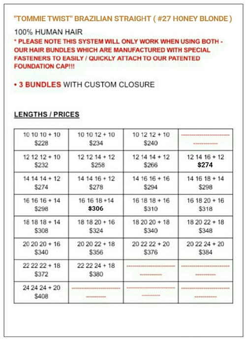 Image of "TT RAPID EXTENSION UNITS"-  BRAZILIAN STRAIGTH HONEY BLONDE #27: BUNDLES / FREE PART - CLOSURE