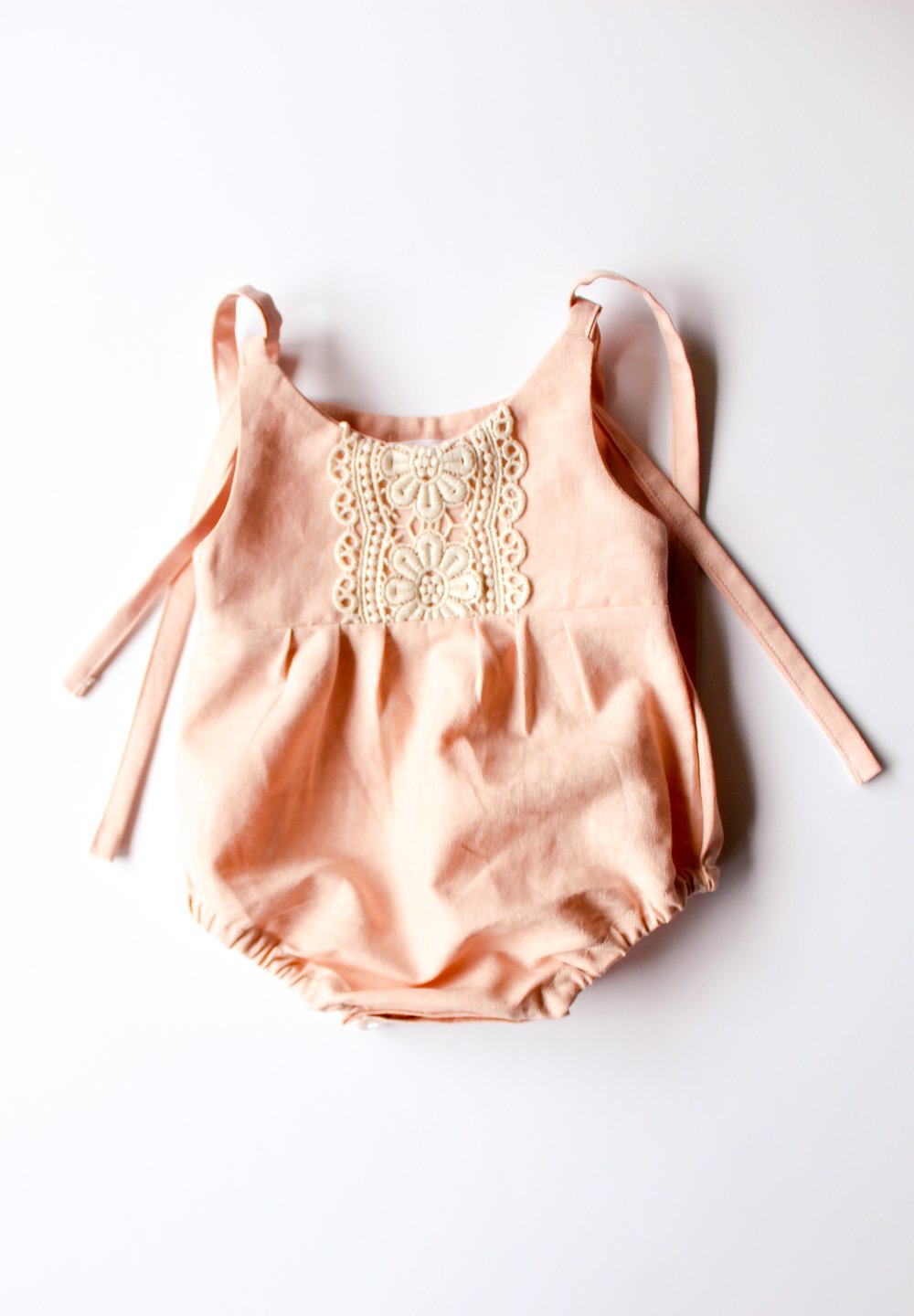 Image of Linen & Lace Shoulder-Tie Romper-- Peach