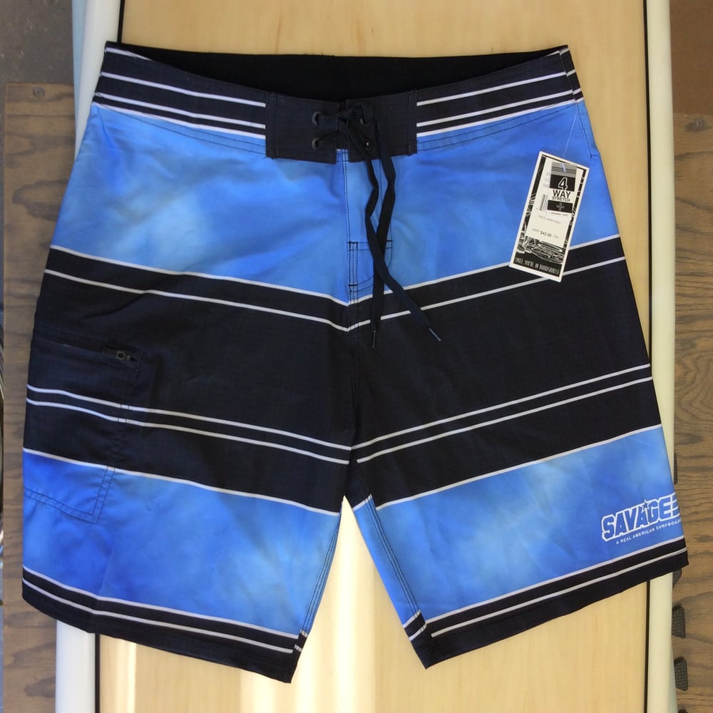 Image of Savage 4-way stretch Board Shorts Black/Blue Stripe
