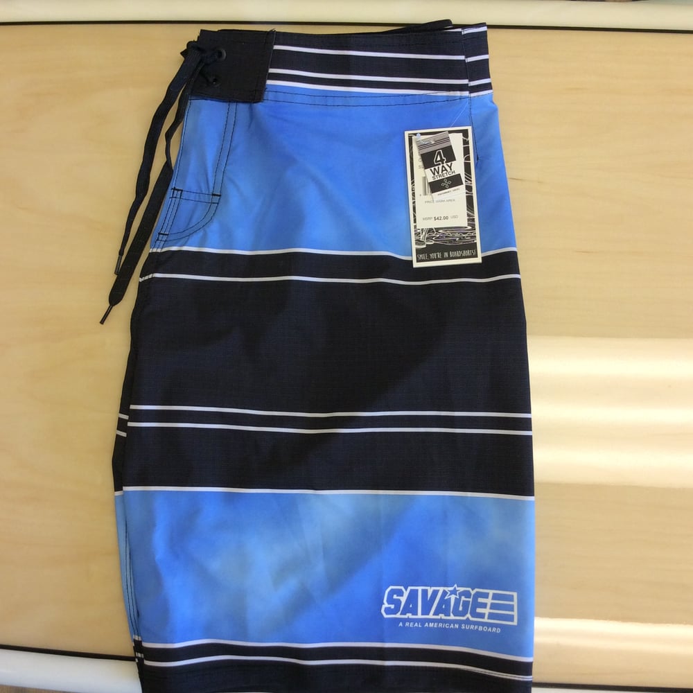 Image of Savage 4-way stretch Board Shorts Black/Blue Stripe