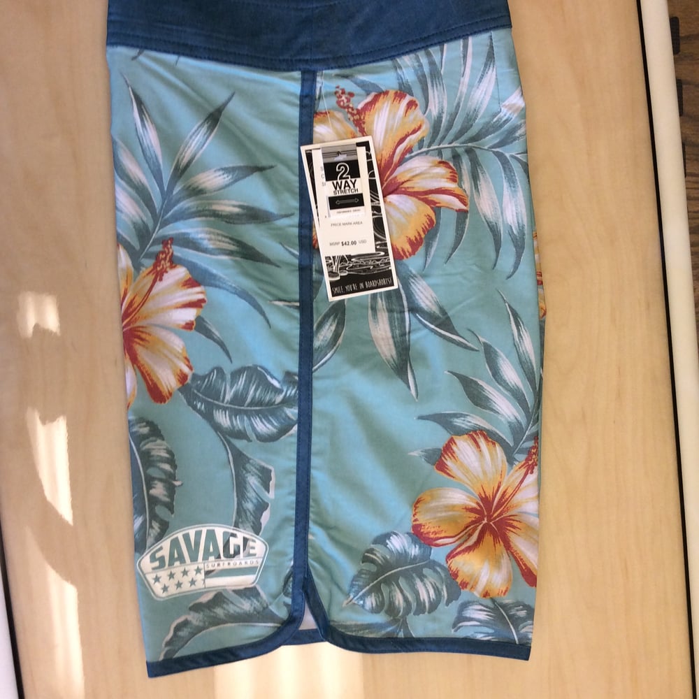 Image of Savage 2-way stretch Board Shorts Mint w/ Hawaiian Print