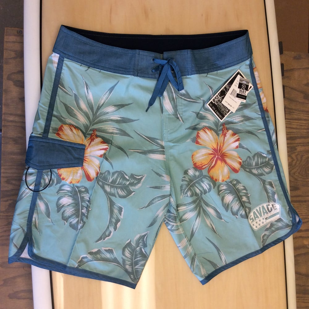 Savage 2-way stretch Board Shorts Mint w/ Hawaiian Print / Savage ...