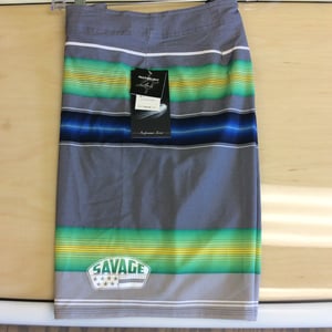 Image of Savage 4-way stretch Board Shorts Grey w/ Green/Blue Stripes