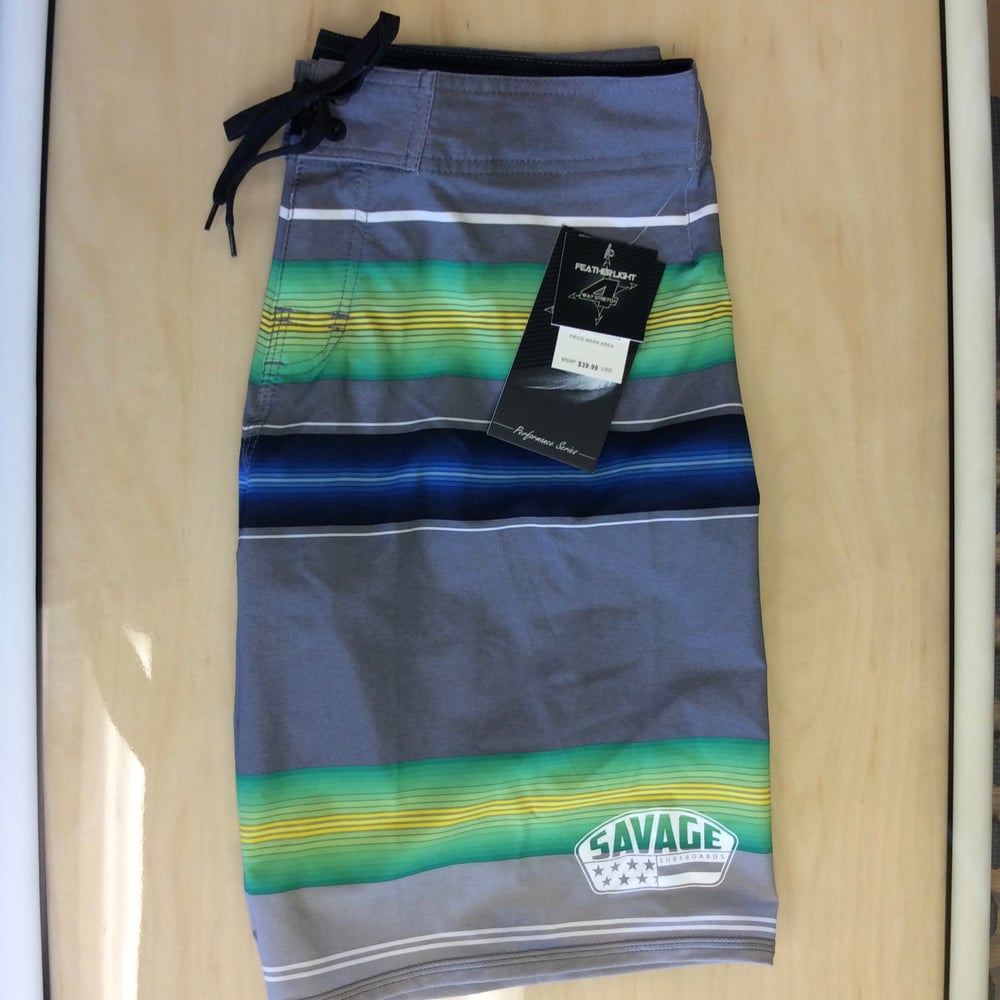 Image of Savage 4-way stretch Board Shorts Grey w/ Green/Blue Stripes