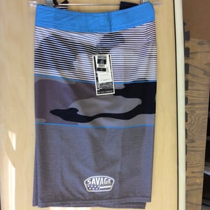 Image of Savage 4-way stretch Board Shorts Black/Grey Camo w/ White/Blue Stripes