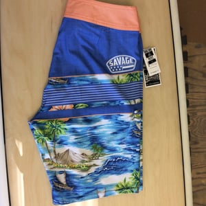 Image of Savage 4-way stretch Board Shorts Tropical Print Royal Blue/Coral