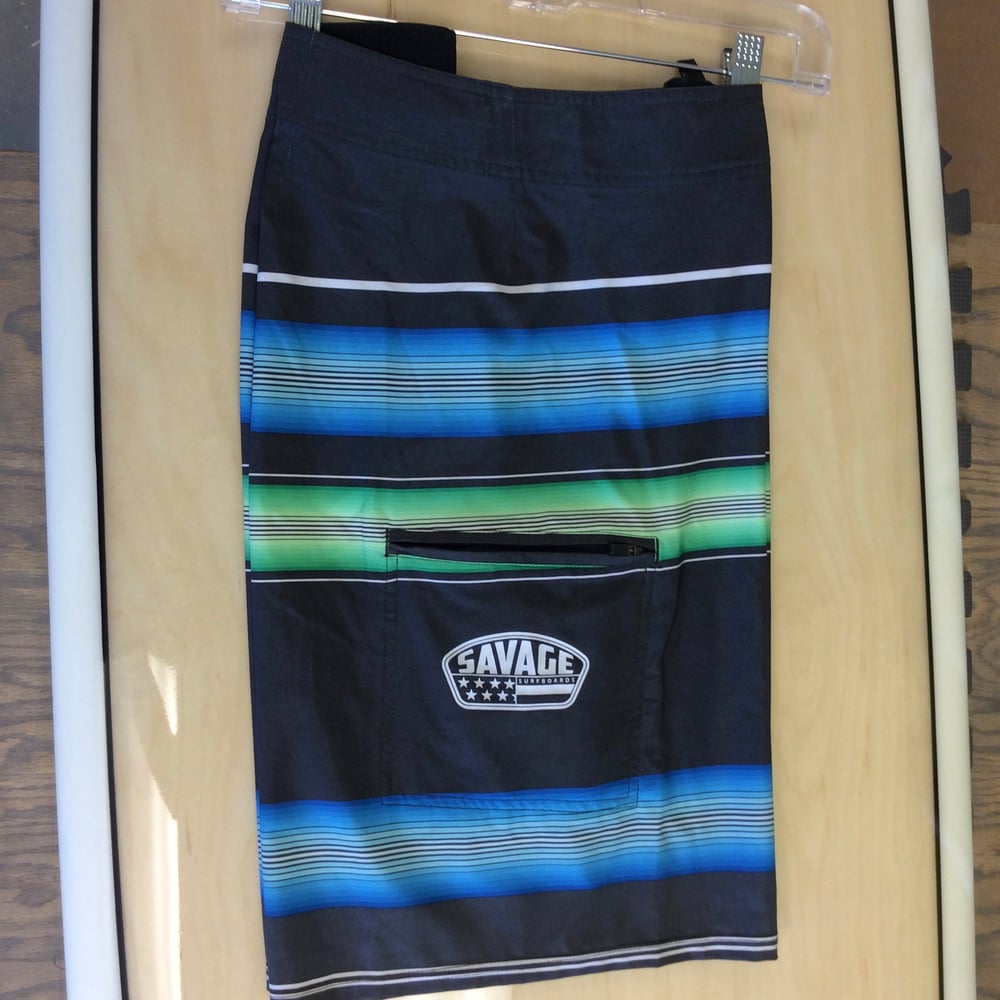 Image of Savage 4-way stretch Board Shorts Black w/ Blue/Green Stripes