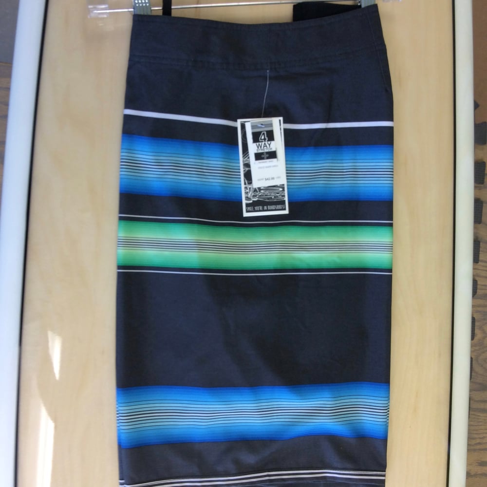 Image of Savage 4-way stretch Board Shorts Black w/ Blue/Green Stripes