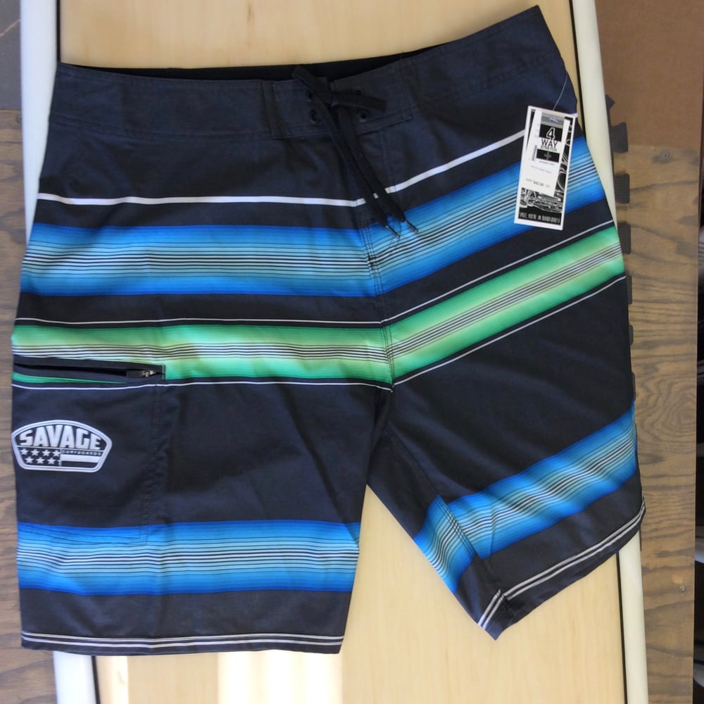 Image of Savage 4-way stretch Board Shorts Black w/ Blue/Green Stripes