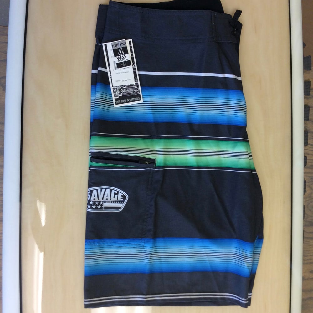 Image of Savage 4-way stretch Board Shorts Black w/ Blue/Green Stripes