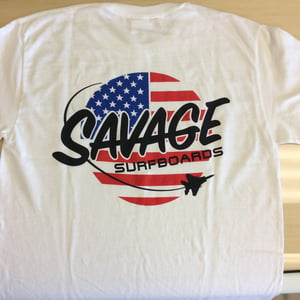 Image of Savage Surfboards T-shirt w/ American Flag/Jet Savage logo