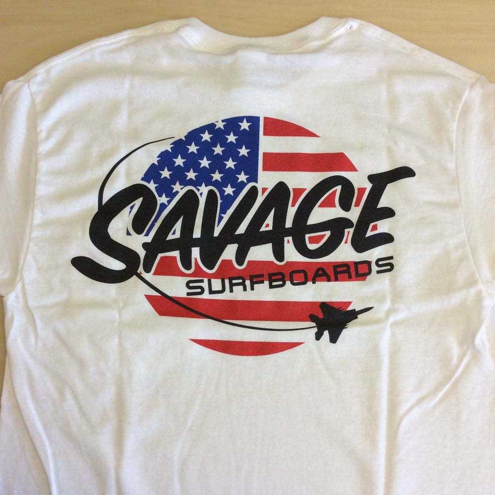 Image of Savage Surfboards Pocket T-shirt w/ American Flag/Jet Savage logo