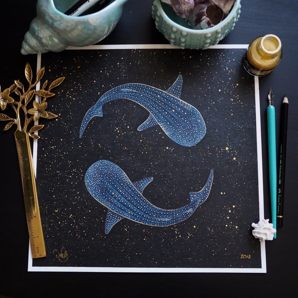 Image of Pisces Whale Sharks Fine Art Heavyweight Gold Galaxy Print