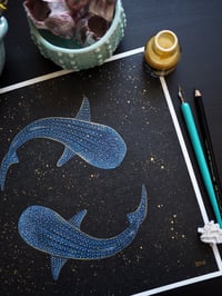 Image 3 of Pisces Whale Sharks Fine Art Heavyweight Gold Galaxy Print