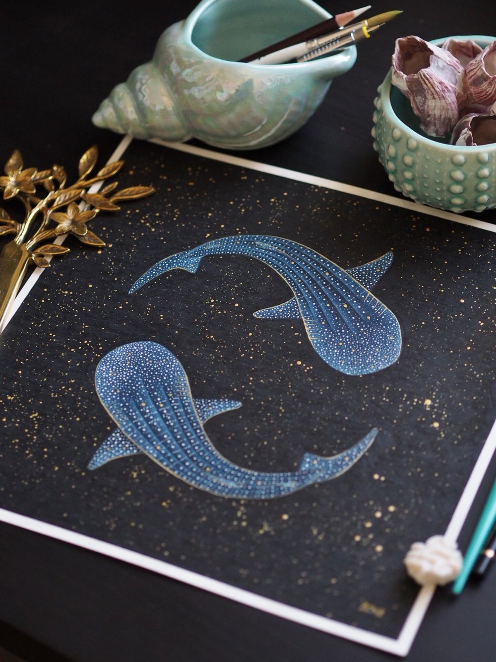 Image of Pisces Whale Sharks Fine Art Heavyweight Gold Galaxy Print