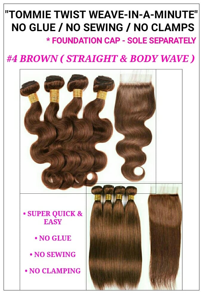 Image of "TT RAPID EXTENSION UNITS"- BRAZILIAN #4 MEDIUM BROWN - STRAIGHT & BODY WAVE: BUNDLES / CLOSURE