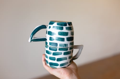 Image of Pre order: White and Green Brick Beak Handle Mug