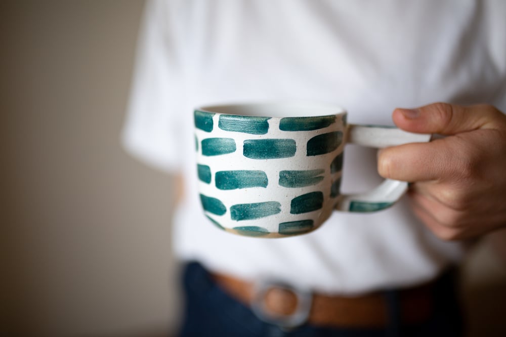 Image of Pre order: White and Green Brick Beak Handle Mug