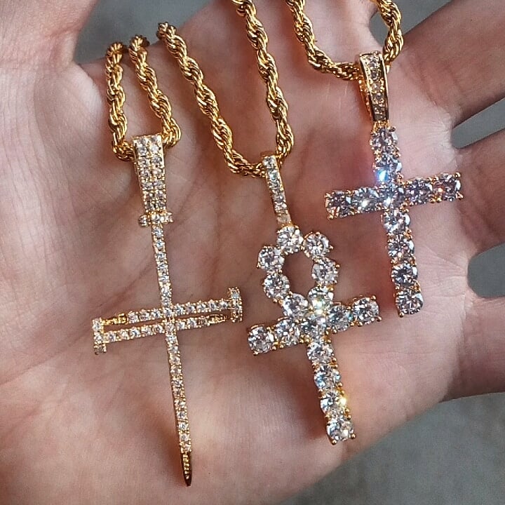 Image of 18k Gold Iced Out CZ Diamond Cross, Ankh Cross, Nail Cross W/ Rope Chain
