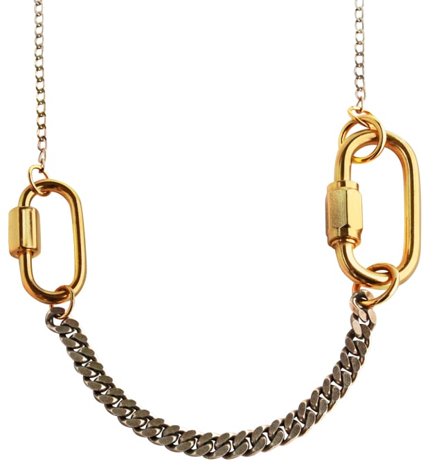 CAUGHT AND BOUND - A PLAY ON INTERLOCKING
ELEGANTLY GRAZES YOUR NECK

The 'Bound' necklace features two heavy locks which are made of first quality stainless steel, a precious and strong material. 
These locks have two different sizes 4.2cm / 1.65" and 3.2cm / 1.25" and are 18 karat gold plated. 

The bold and the delicate are brought together, the upper sequence is a open gourmet chain and the bold bottom sequence is heavy 0.5cm / 0.19" thick facetted c...