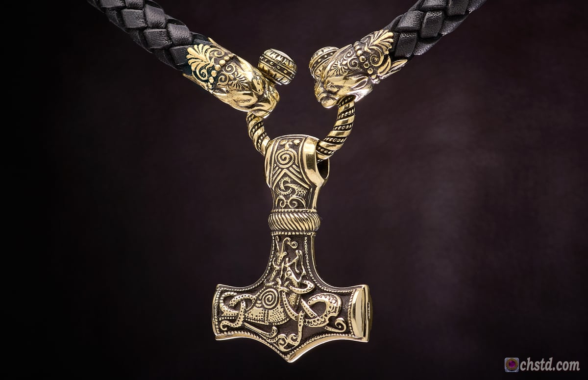 Thor's Hammer : MJOLNIR - Pantera Heads Leather Necklace