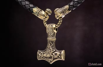 Image of Thor's Hammer : MJOLNIR - Pantera Heads Leather Necklace