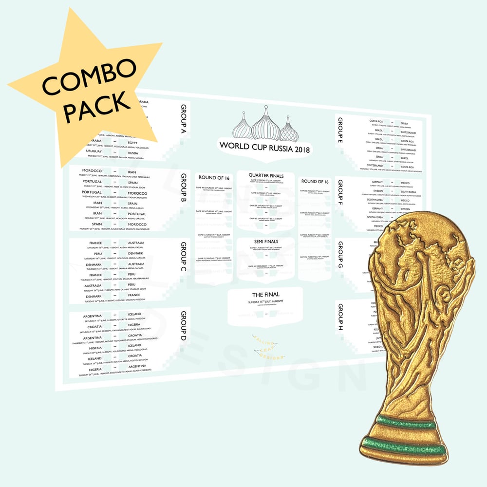 Image of Russia World Cup 2018 Wallchart + World Cup Trophy Pin Badge