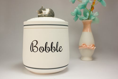 Image of Tabby Cat Custom Pet Urn, Brown and White Tabby, Tricolor Cat Urn