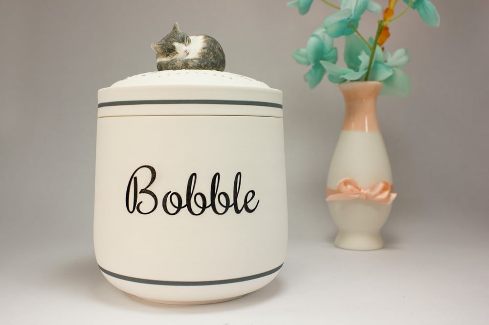 Image of Tabby Cat Custom Pet Urn, Brown and White Tabby, Tricolor Cat Urn