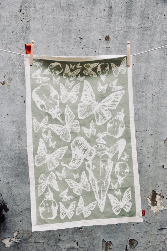 Image of Hand Printed Tea Towel - Lichen Green