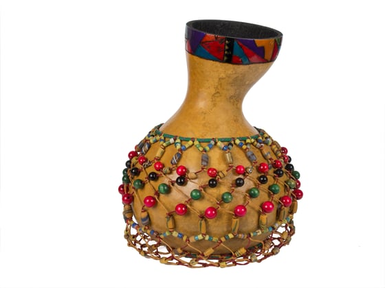 Image of Gold Shakere with Red, Black and Green Beads