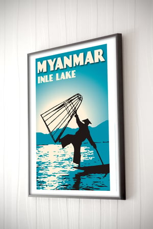 Image of Vintage poster Myanmar - Inle Lake - Fisherman - Fine Art Print 
