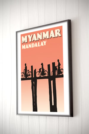 Image of Vintage poster Myanmar - Mandalay - U Bein Bridge - Fine Art Print 