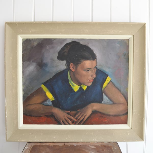Image of 1930's, Oil Portrait, Girl with a Yellow Collar