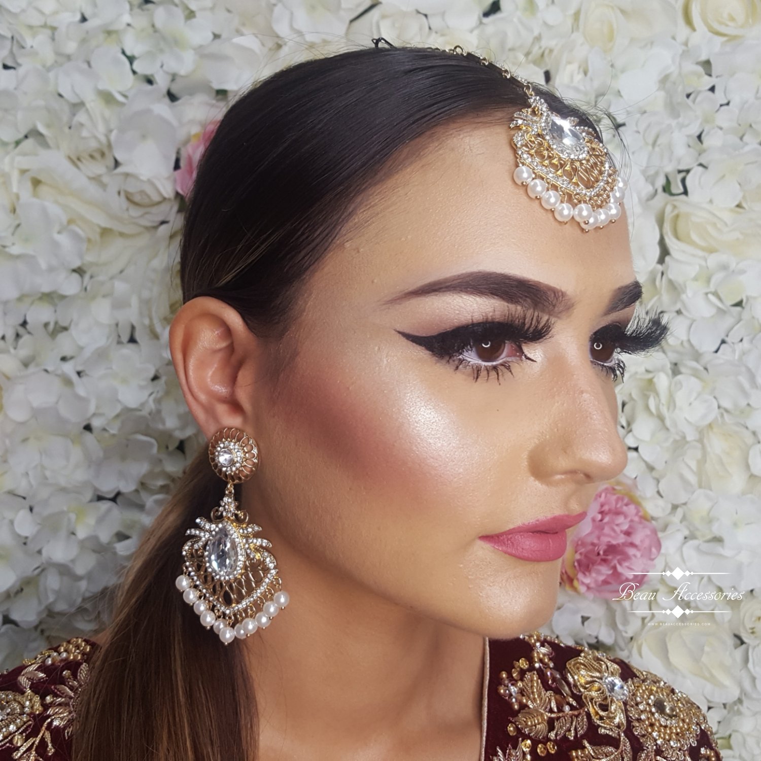 Image of Golden Pearl Earrings and Tikka Set