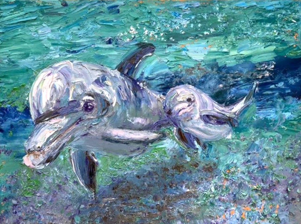 Image of Palette Knife Dolphin Baby and Mom