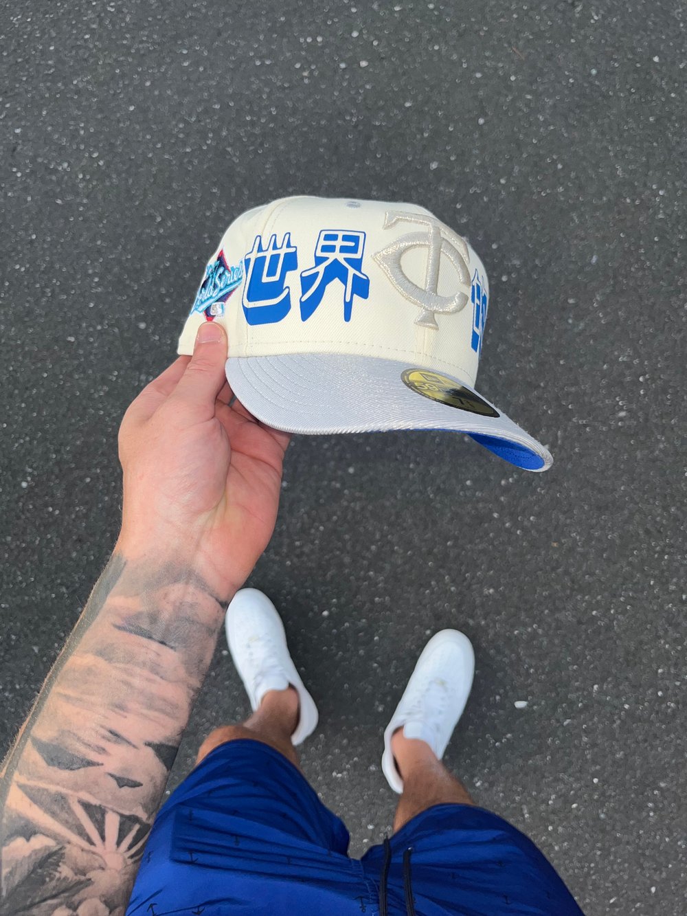 Image of BLUE BRIM OFF WHITE MINNESOTA TWINS CUSTOM FITTED CAPS