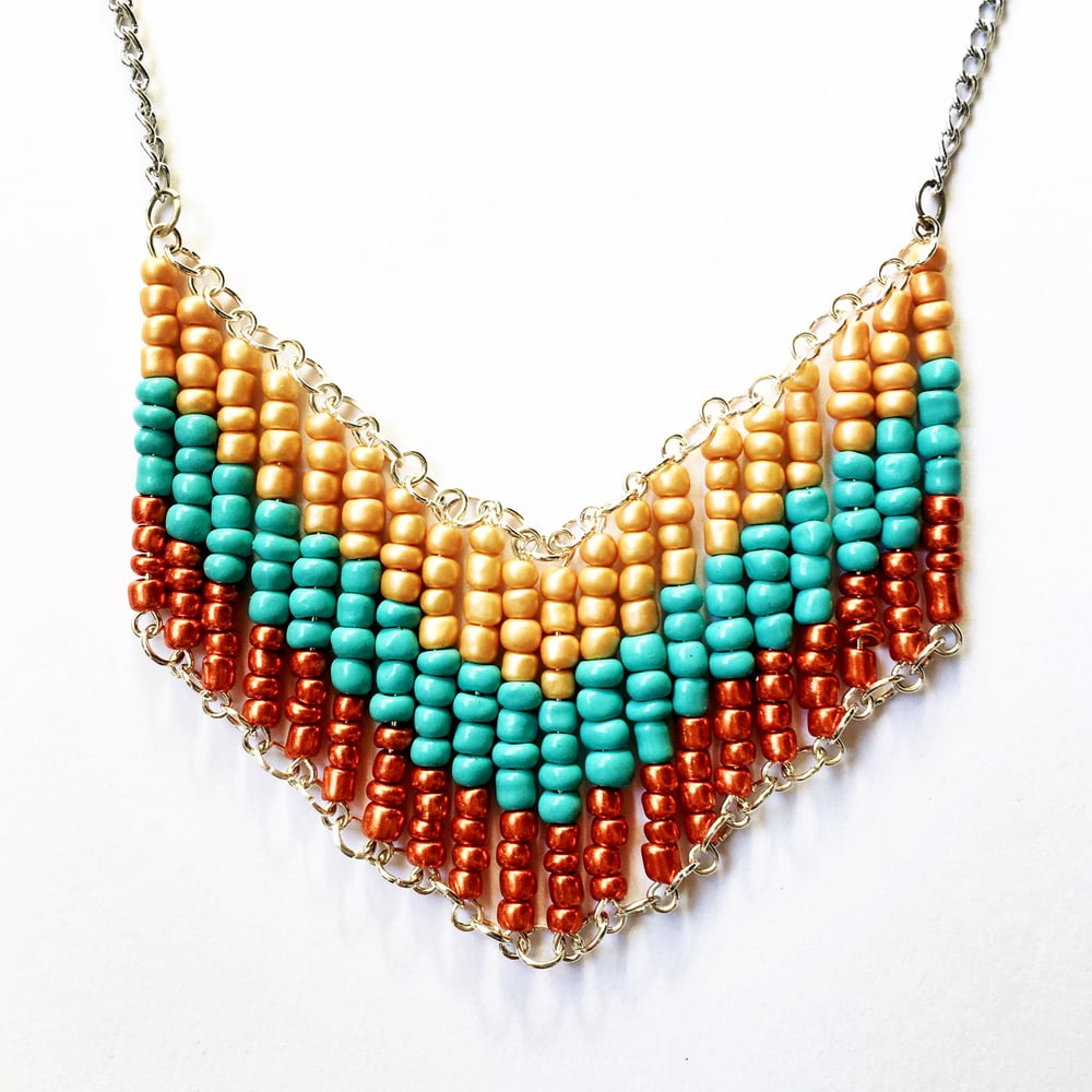 Image of Turquoise and Gold Beaded Retro Geometric Necklace