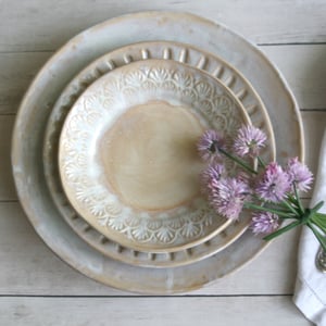 Image of Three Piece Dinnerware Place Setting in Rustic White and Ocher Glaze Made in USA