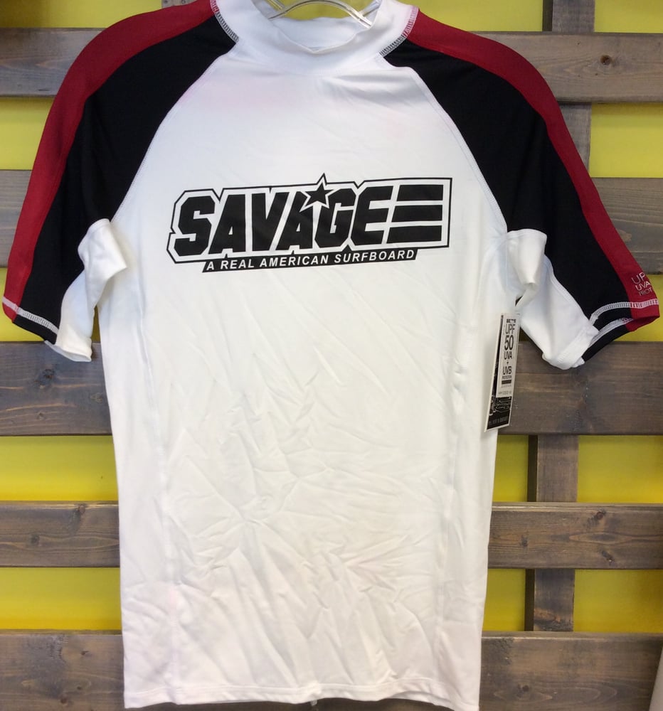 Image of White/Black/Red Savage Short Sleeve Rash Guard w/ UV Protection Factor 50 (UVA & UVB)