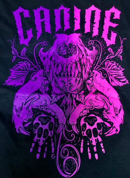 Image of Canine Black Glenno Tee with Neon Pink Purple Print
